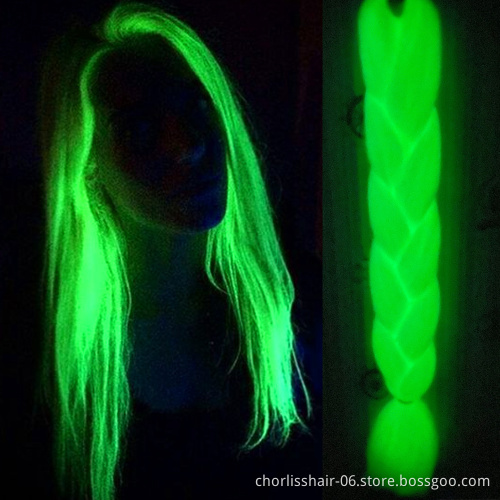 Free Sample Glowing Synthetic Jumbo Braids Bulks Fluorescent Green Shining In The Darkness Attachment For Braids Crochet Hair